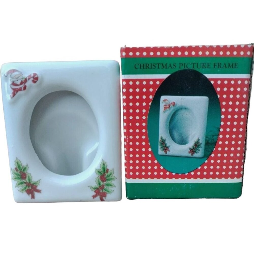 Ceramic Holiday Picture Frame With Santa & Holly Design Festive Decor